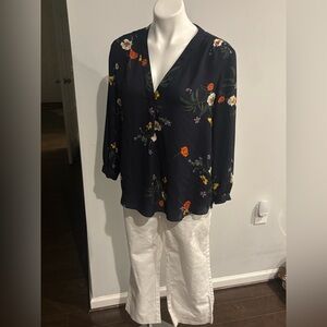 Vince Camuto Navy Floral V-Neck Blouse